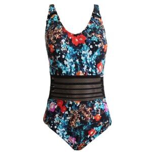 Calvin Klein Women's Floral Poppy Mesh Inset Panel One Piece Swimsuit Size 14